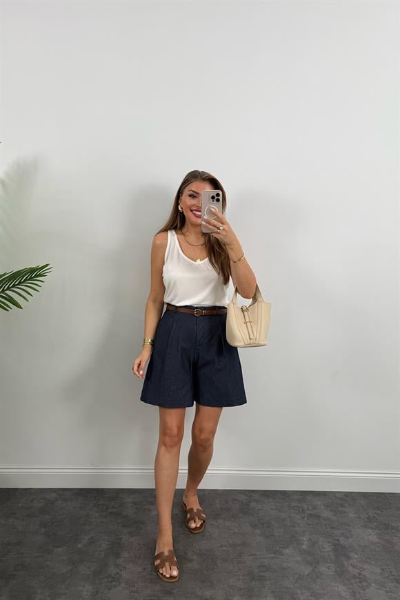 Bebe Marka Likralı Kemerli Şehir Boy Premium Jean Şort Lacivert