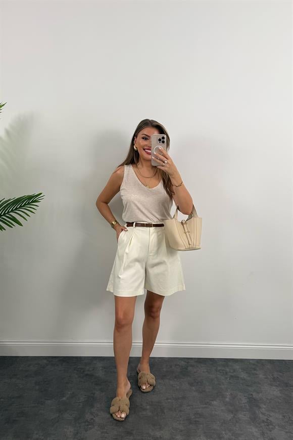 Bebe Marka Likralı Kemerli Şehir Boy Premium Jean Şort Ekru