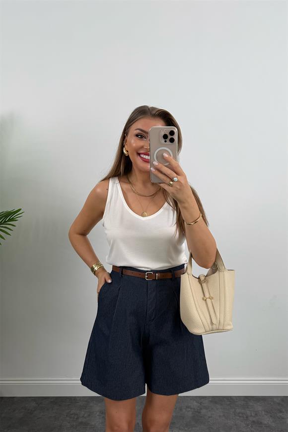 Bebe Marka Likralı Kemerli Şehir Boy Premium Jean Şort Lacivert