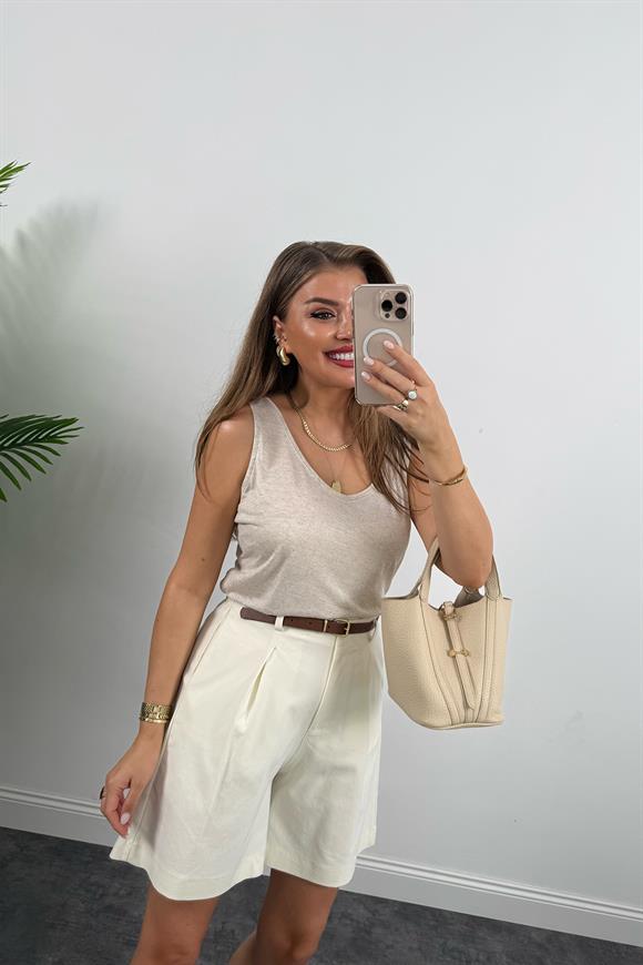 Bebe Marka Likralı Kemerli Şehir Boy Premium Jean Şort Ekru