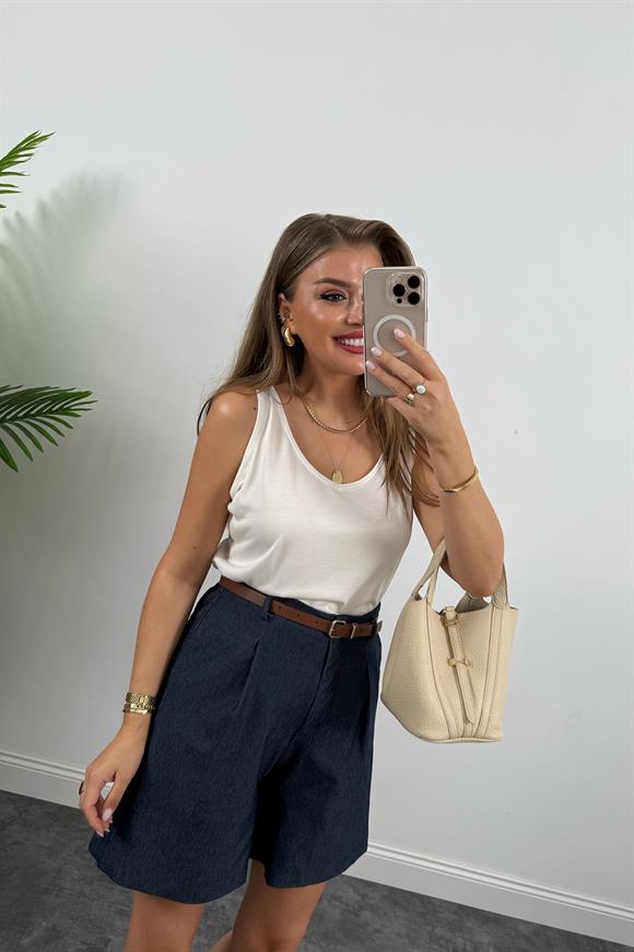 Bebe Marka Likralı Kemerli Şehir Boy Premium Jean Şort Lacivert