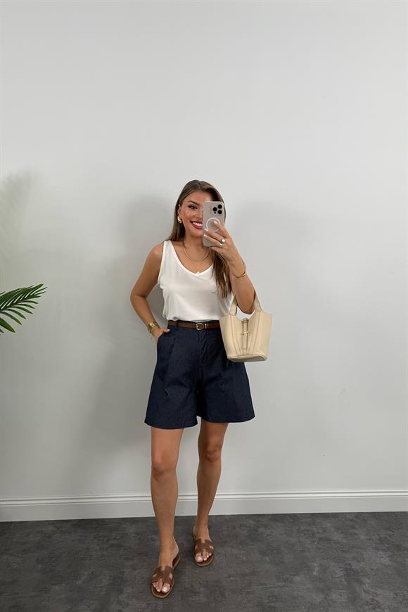 Bebe Marka Likralı Kemerli Şehir Boy Premium Jean Şort Lacivert