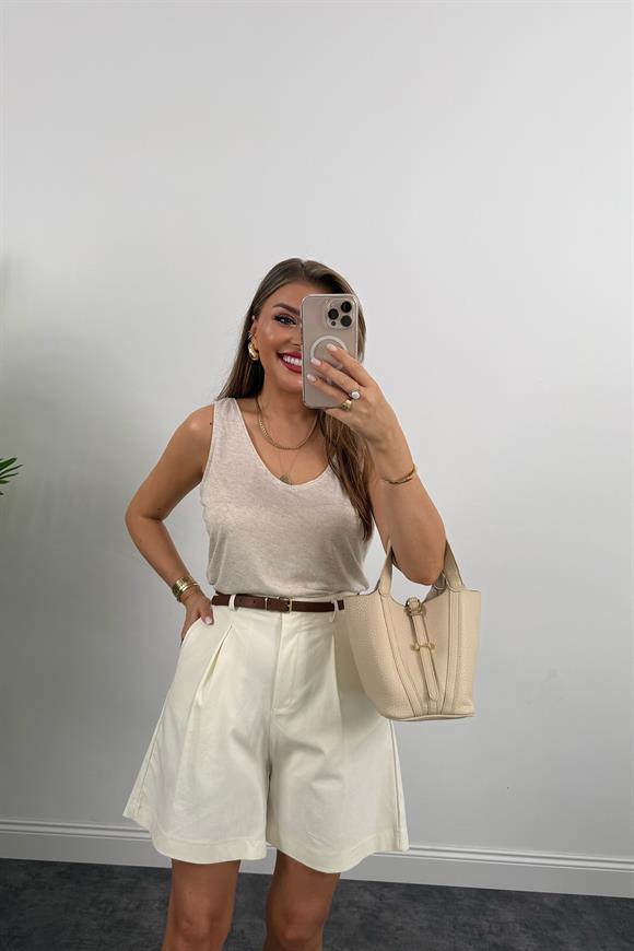 Bebe Marka Likralı Kemerli Şehir Boy Premium Jean Şort Ekru