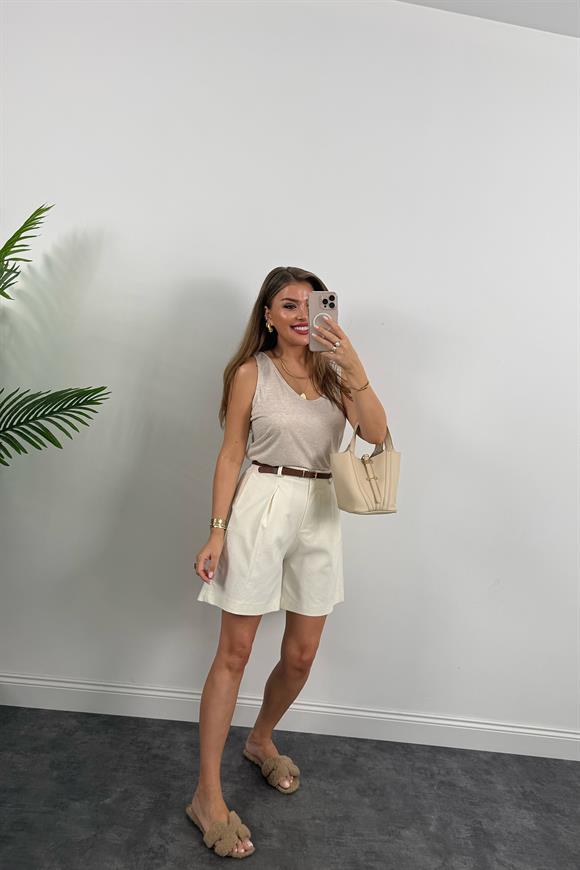 Bebe Marka Likralı Kemerli Şehir Boy Premium Jean Şort Ekru