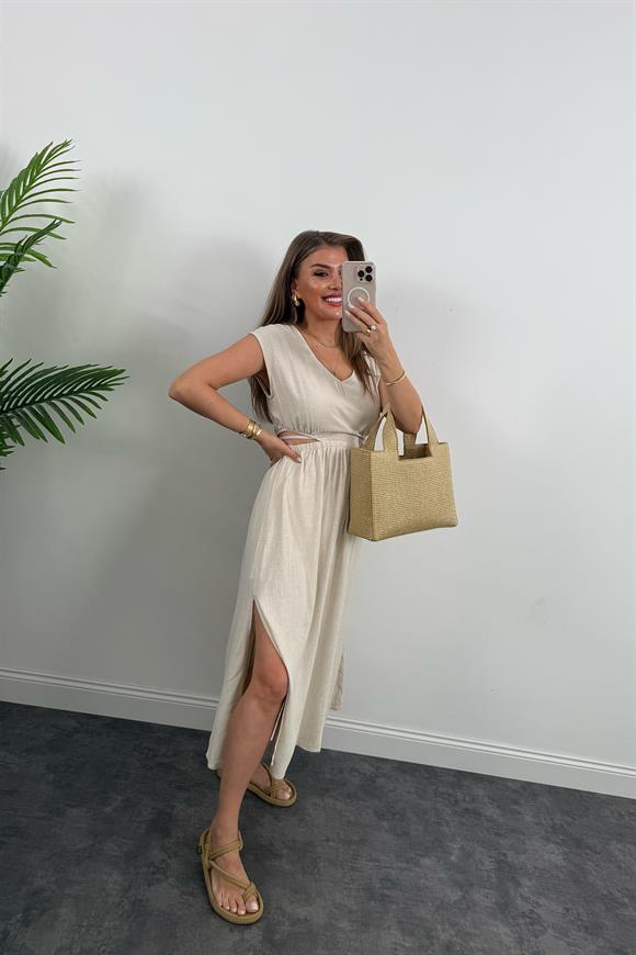 Bebe Marka Lüx Kalite Bel Detaylı Ham Keten Elbise