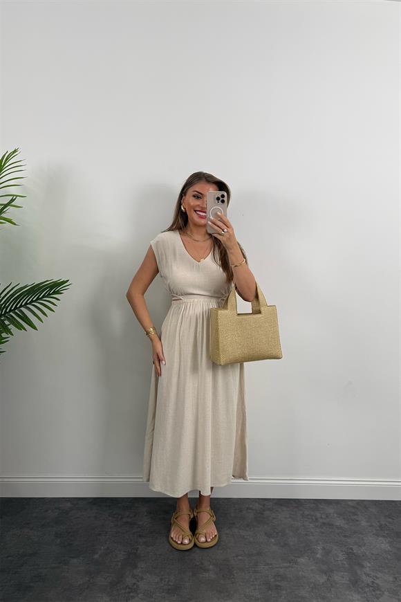 Bebe Marka Lüx Kalite Bel Detaylı Ham Keten Elbise