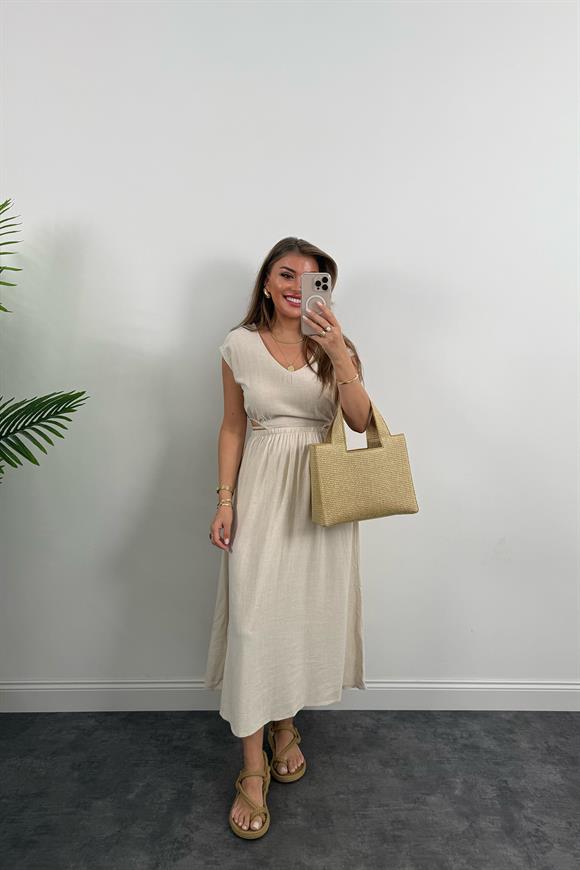 Bebe Marka Lüx Kalite Bel Detaylı Ham Keten Elbise