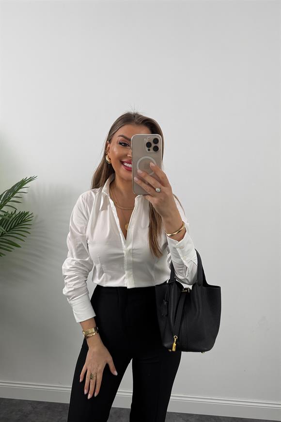 Bebe Marka Lüx Kalite Belden Oturtmalı Basic Gömlek Beyaz