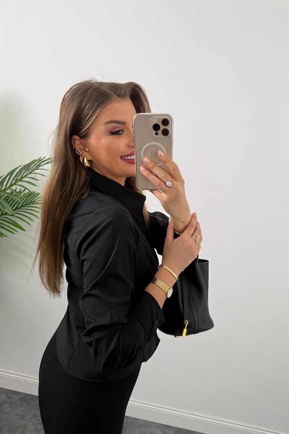 Bebe Marka Lüx Kalite Belden Oturtmalı Basic Gömlek Siyah 