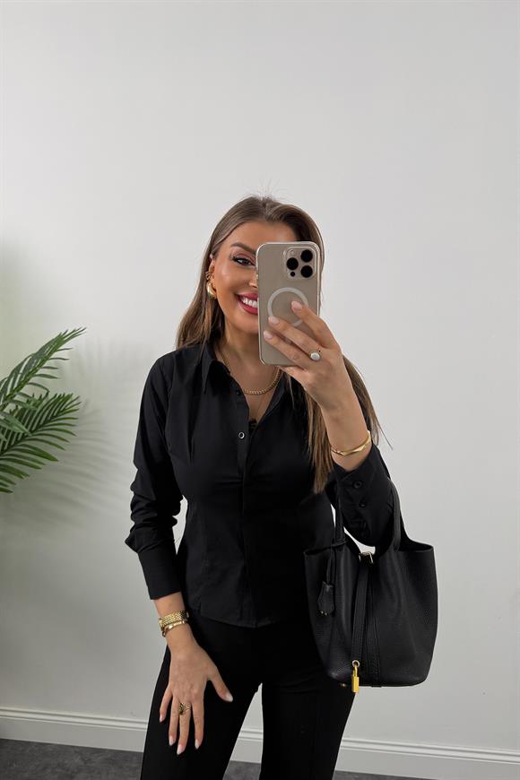 Bebe Marka Lüx Kalite Belden Oturtmalı Basic Gömlek Siyah 