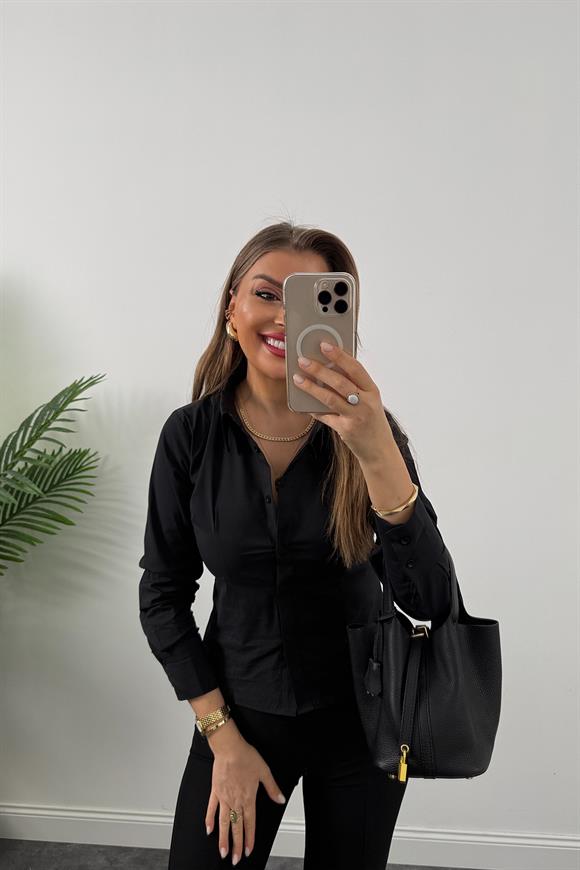 Bebe Marka Lüx Kalite Belden Oturtmalı Basic Gömlek Siyah 