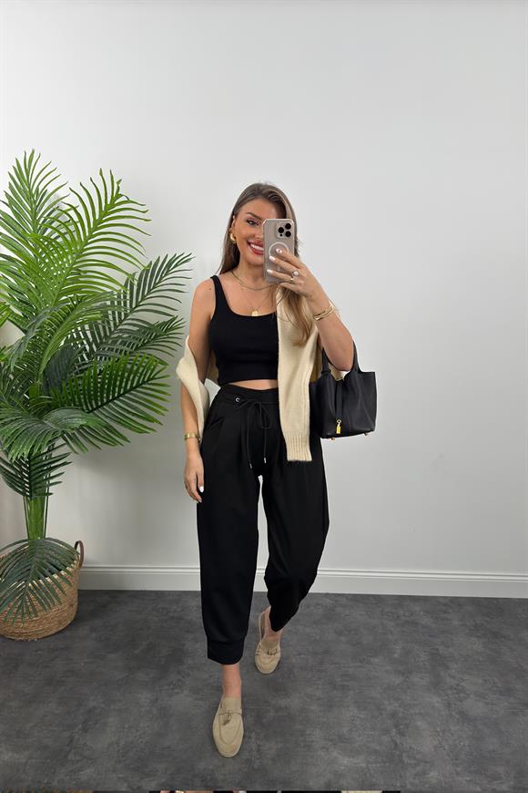 Bebe Marka Lüx Kalite Beli İpli Double Kumaş Havuç Pantolon Siyah