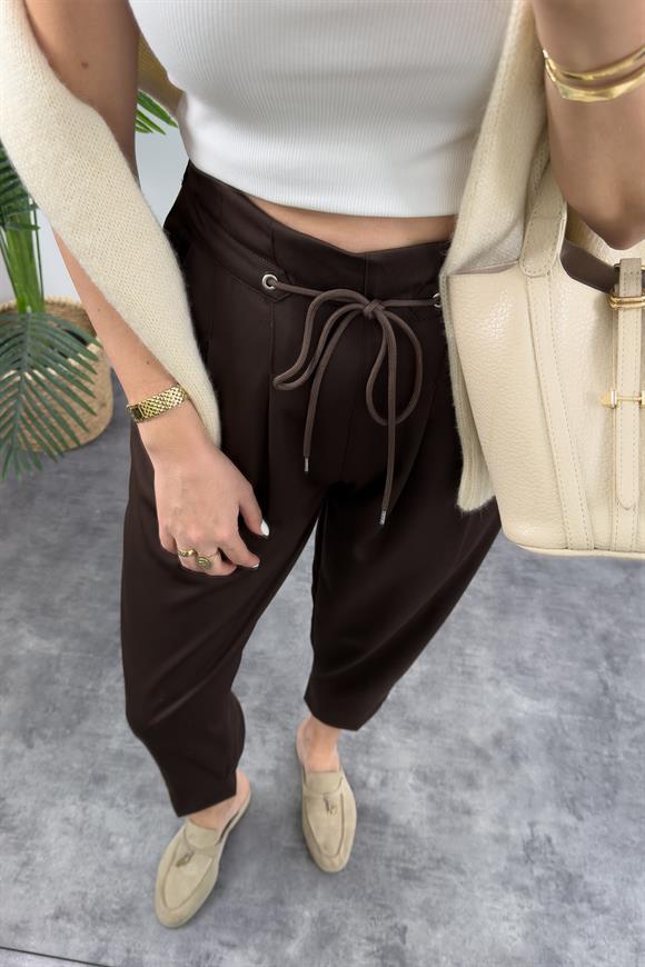 Bebe Marka Lüx Kalite Beli İpli Double Kumaş Havuç Pantolon Acı Kahve