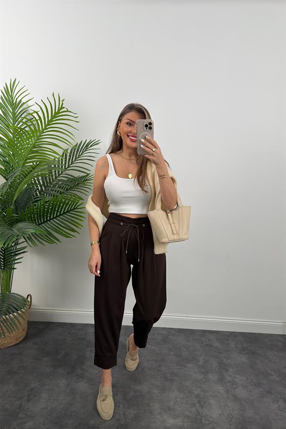 Bebe Marka Lüx Kalite Beli İpli Double Kumaş Havuç Pantolon Acı Kahve