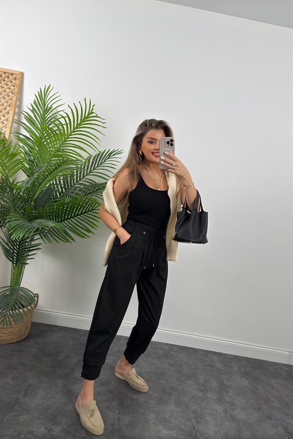 Bebe Marka Lüx Kalite Beli İpli Double Kumaş Havuç Pantolon Siyah