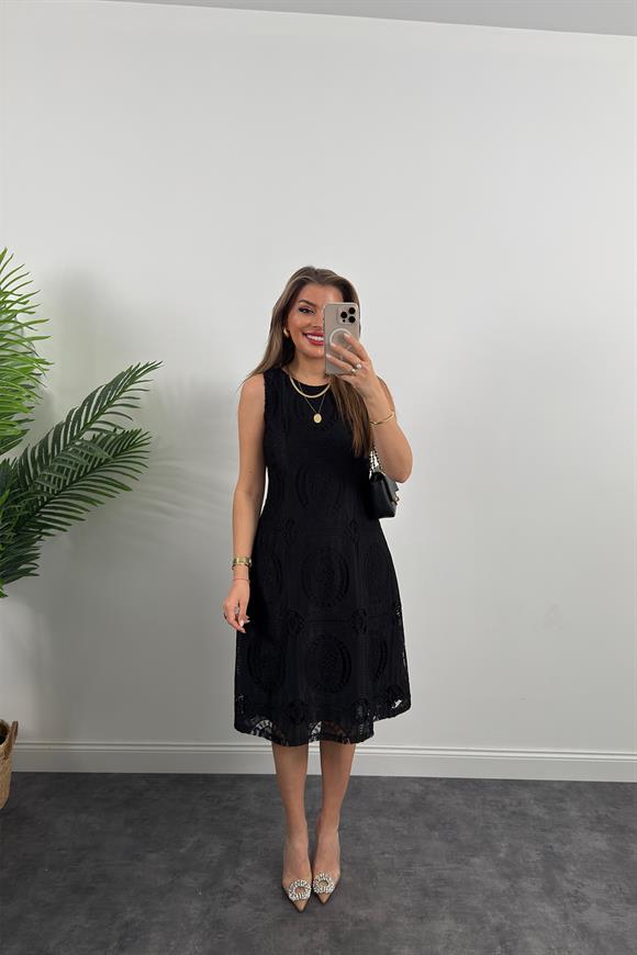 Bebe Marka Lüx Kalite Komple Dantel Nakış Midi Boy Astarlı Elbise Siyah