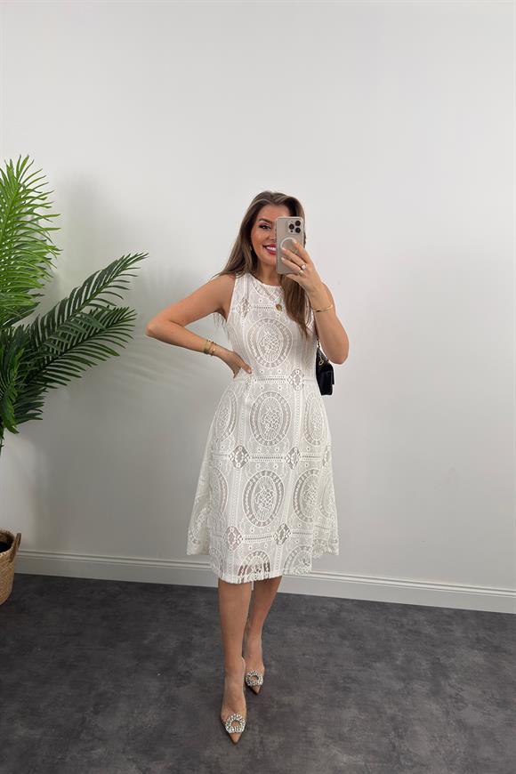 Bebe Marka Lüx Kalite Komple Dantel Nakış Midi Boy Astarlı Elbise Beyaz