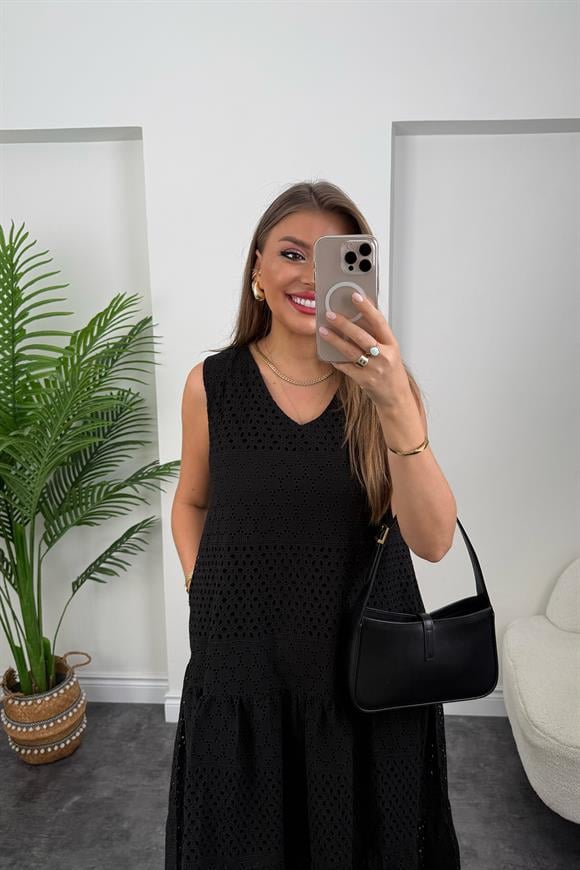 Bebe Marka Lüx Kalite Komple Nakışlı Midi Boy Fisto Elbise Siyah