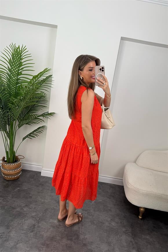 Bebe Marka Lüx Kalite Komple Nakışlı Midi Boy Fisto Elbise Oranj