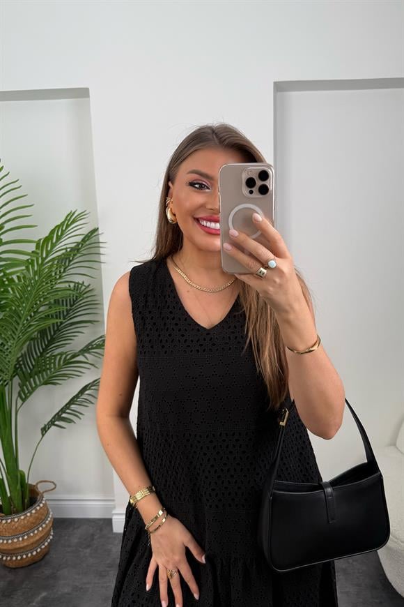 Bebe Marka Lüx Kalite Komple Nakışlı Midi Boy Fisto Elbise Siyah