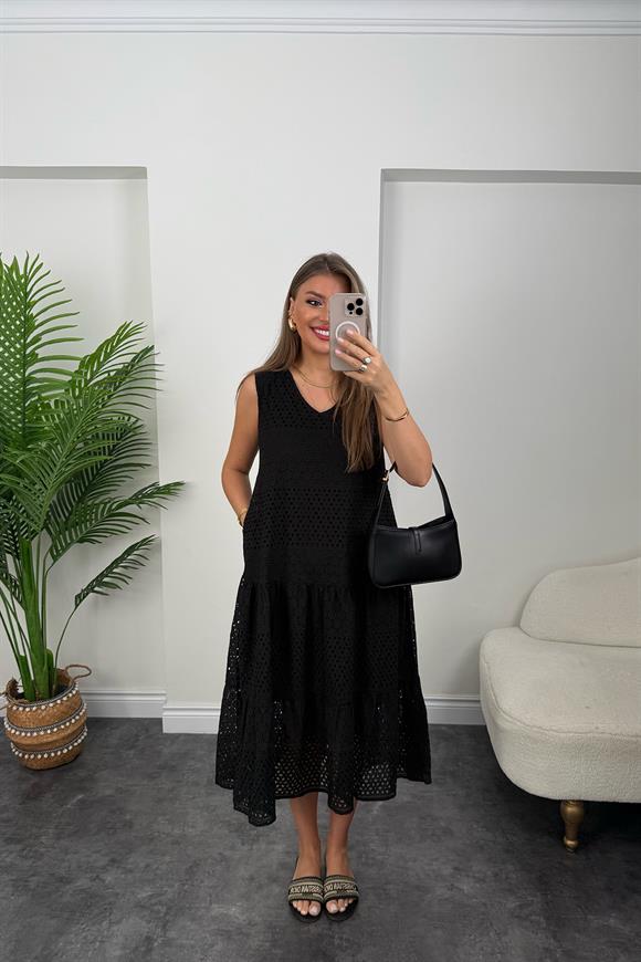 Bebe Marka Lüx Kalite Komple Nakışlı Midi Boy Fisto Elbise Siyah