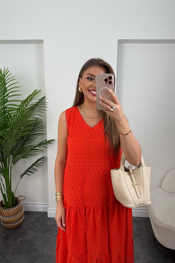 Bebe Marka Lüx Kalite Komple Nakışlı Midi Boy Fisto Elbise Oranj