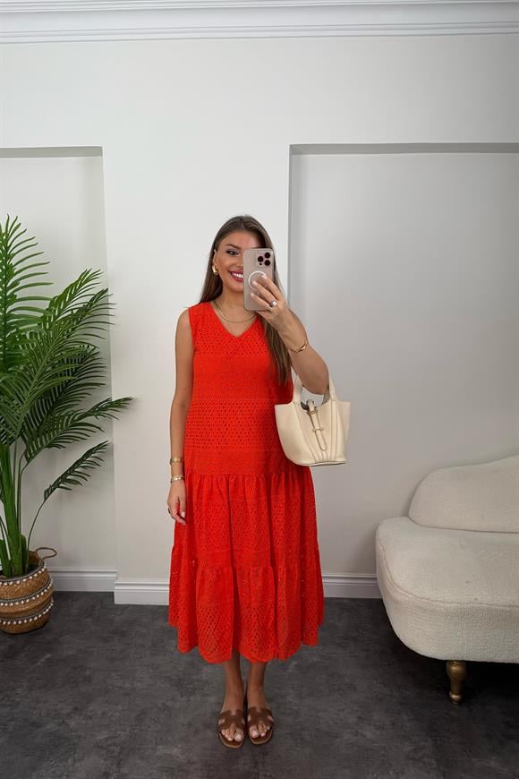 Bebe Marka Lüx Kalite Komple Nakışlı Midi Boy Fisto Elbise Oranj