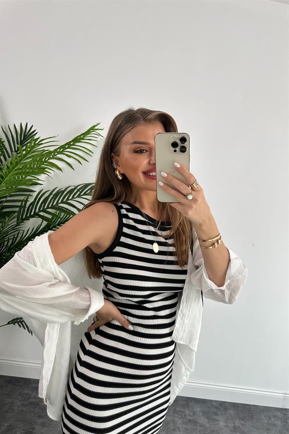 Bebe Marka Lüx Kalite Likralı Çizgili Midi Boy Basic Kalem Elbise