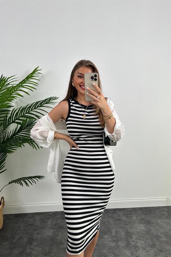 Bebe Marka Lüx Kalite Likralı Çizgili Midi Boy Basic Kalem Elbise