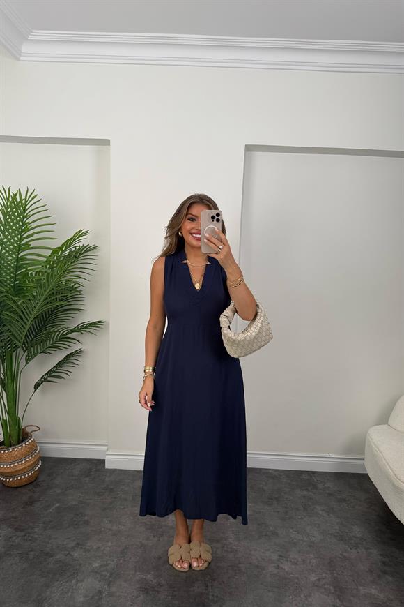 Bebe Marka Lüx Kalite Maxi Kloş Ham Keten Elbise Lacivert