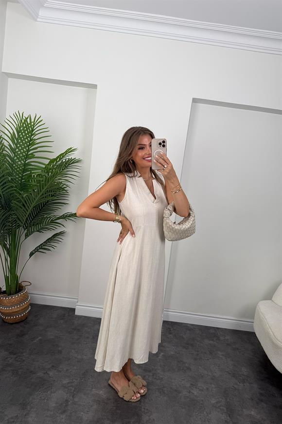 Bebe Marka Lüx Kalite Maxi Kloş Ham Keten Elbise Taş