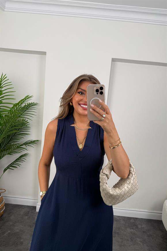 Bebe Marka Lüx Kalite Maxi Kloş Ham Keten Elbise Lacivert