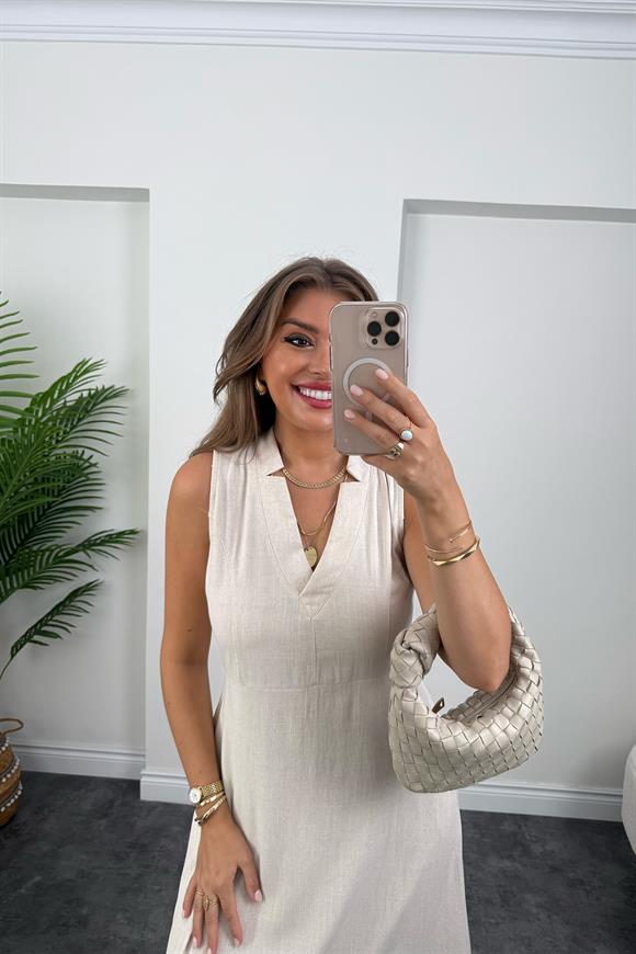 Bebe Marka Lüx Kalite Maxi Kloş Ham Keten Elbise Taş