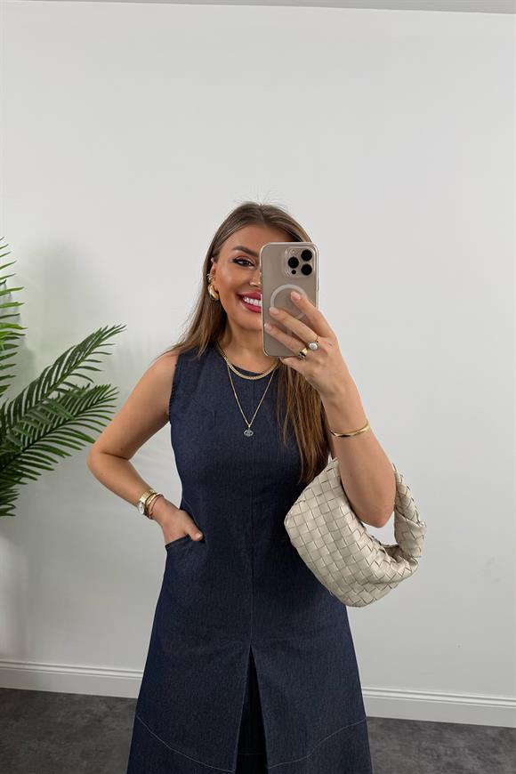 Bebe Marka Lüx Kalite Önü Patlı Likralı Midi Boy Tensel Jean Elbise