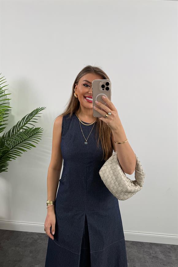 Bebe Marka Lüx Kalite Önü Patlı Likralı Midi Boy Tensel Jean Elbise