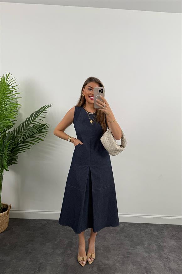 Bebe Marka Lüx Kalite Önü Patlı Likralı Midi Boy Tensel Jean Elbise