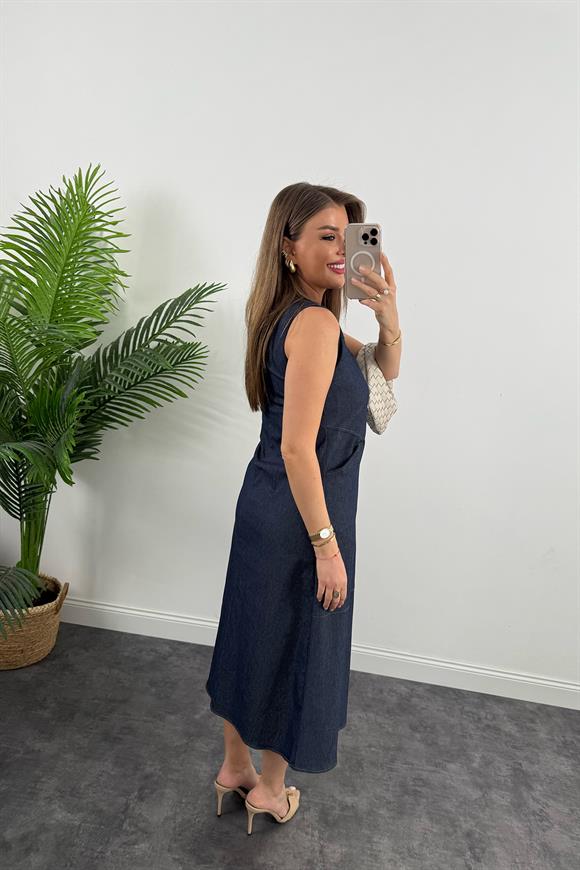 Bebe Marka Lüx Kalite Önü Patlı Likralı Midi Boy Tensel Jean Elbise