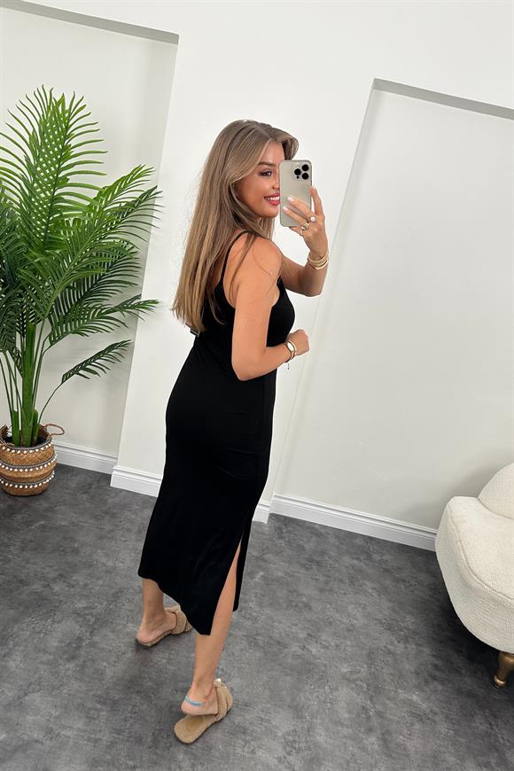 Bebe Marka Lüx Kalite Oysh Kumaş Çift Yırtmaçlı Basic Elbise Siyah