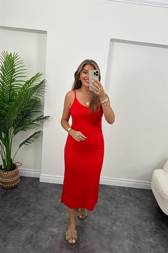 Bebe Marka Lüx Kalite Oysh Kumaş Çift Yırtmaçlı Basic Elbise Kırmızı