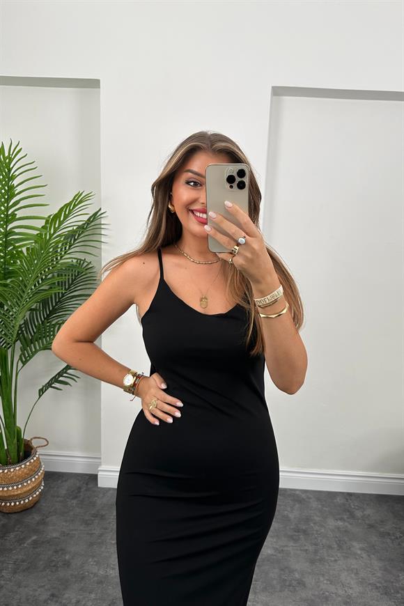 Bebe Marka Lüx Kalite Oysh Kumaş Çift Yırtmaçlı Basic Elbise Siyah