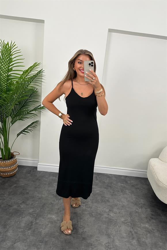 Bebe Marka Lüx Kalite Oysh Kumaş Çift Yırtmaçlı Basic Elbise Siyah