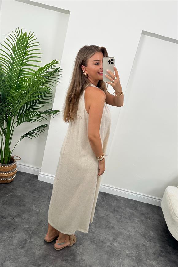 Bebe Marka Maxi Boy Naturel Keten Elbise