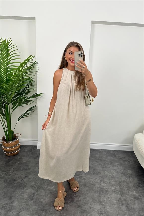 Bebe Marka Maxi Boy Naturel Keten Elbise