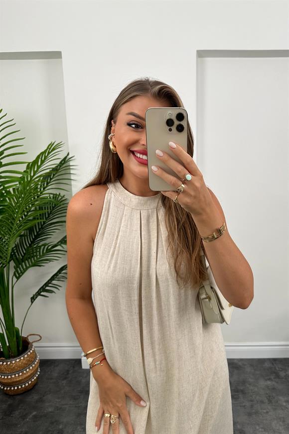 Bebe Marka Maxi Boy Naturel Keten Elbise