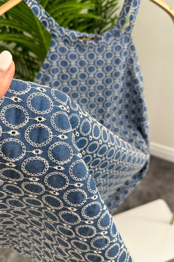 Bebe Marka Nakışlı Jean Görünümlü İp Askılı Keten Elbise Mavi