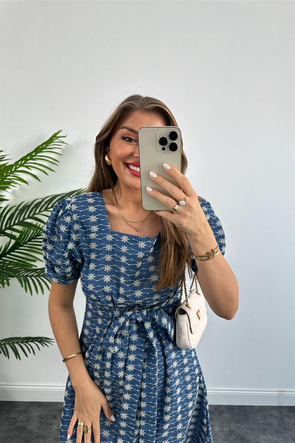 Bebe Marka Prenses Kol Jean Görünümlü Nakışlı Keten Kloş Elbise