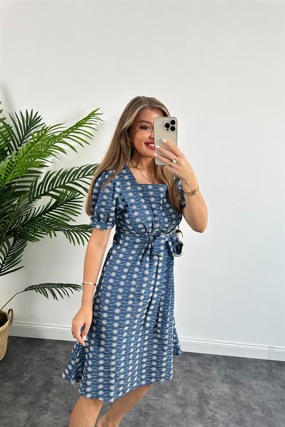 Bebe Marka Prenses Kol Jean Görünümlü Nakışlı Keten Kloş Elbise