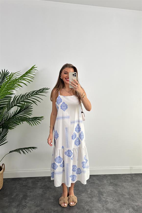 Bebe Marka Tam Pamuklu Mavi Beyaz Maxi Salaş Elbise