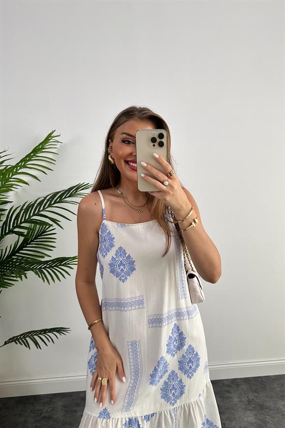 Bebe Marka Tam Pamuklu Mavi Beyaz Maxi Salaş Elbise