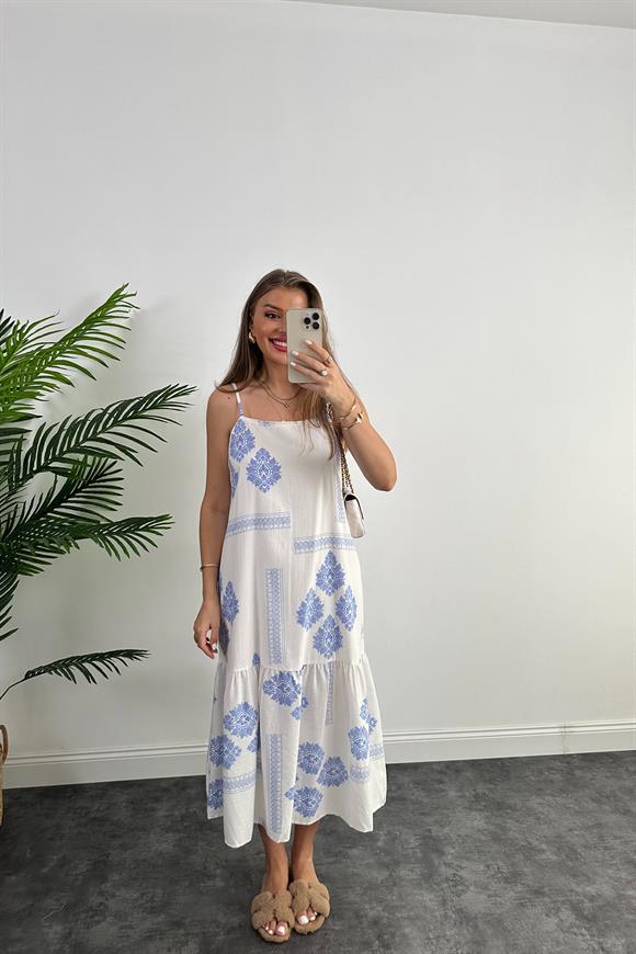 Bebe Marka Tam Pamuklu Mavi Beyaz Maxi Salaş Elbise